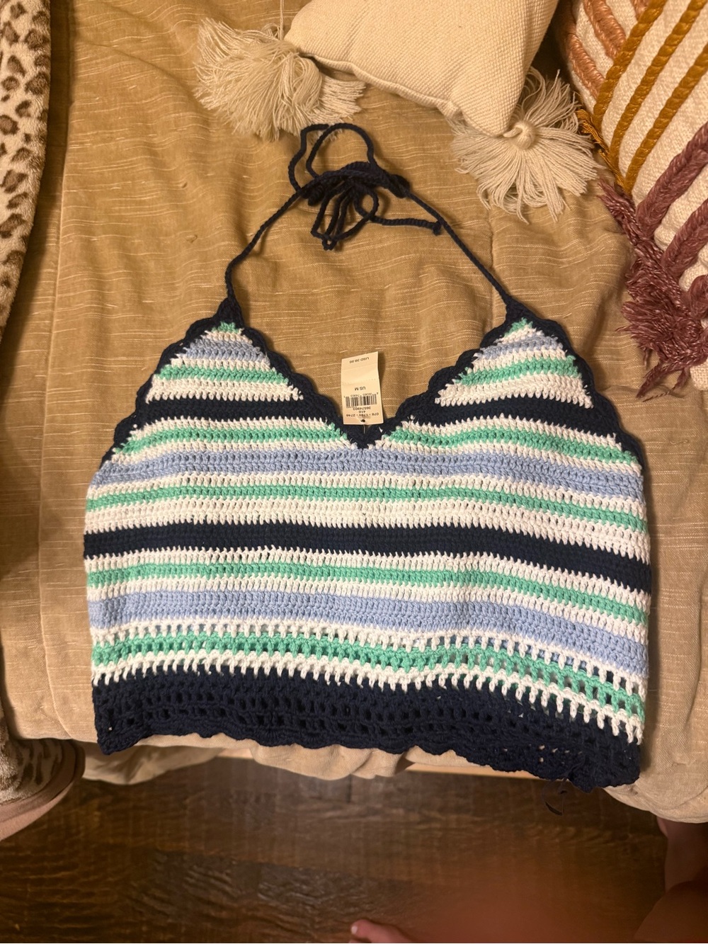 aerie Crochet Halter Crop Top in Navy, White & Mint